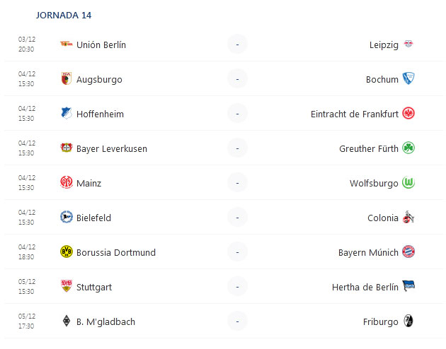 Calendario Fecha 14 Bundesliga