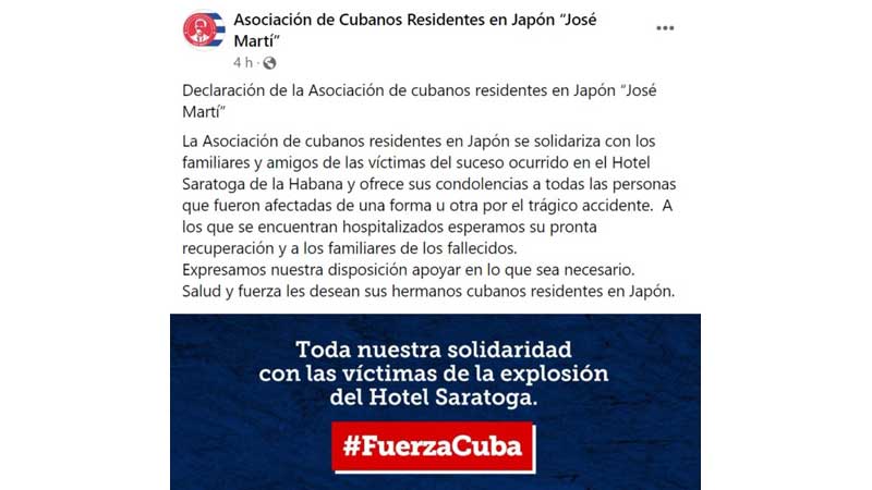 Cubanos en Japón expresan solidaridad por explosión en hotel Saratoga